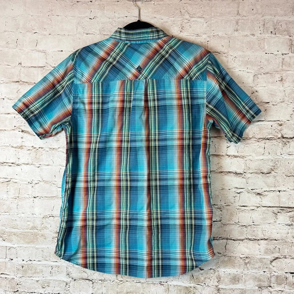 prAna Men's Medium Ostend Short Sleeve Button Down Shirt Plaid Blue Teal Orange - Picture 7 of 7